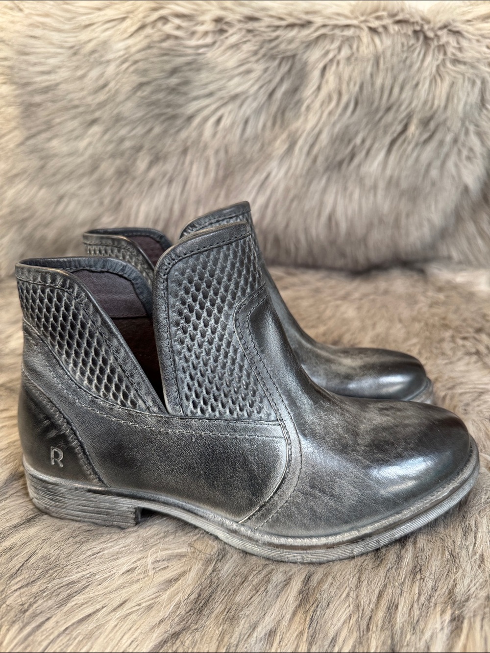 ROAN by BED|STU Black & Gray Leather Slip-On Ankle Booties with Textured Panels